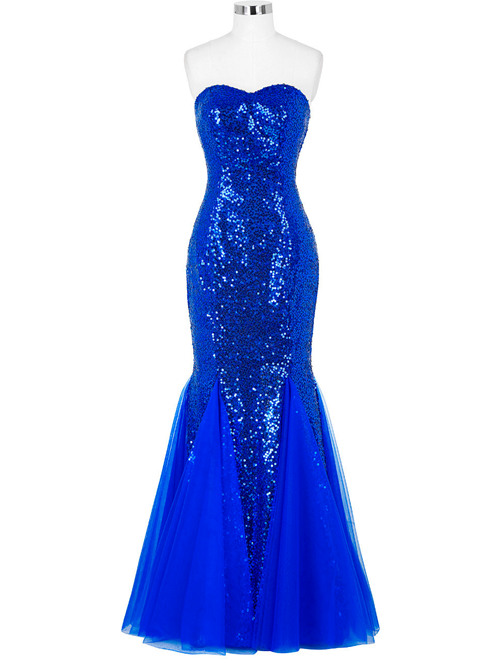 Mermaid Sweetheart Sequins Tulle Blue Evening Wear