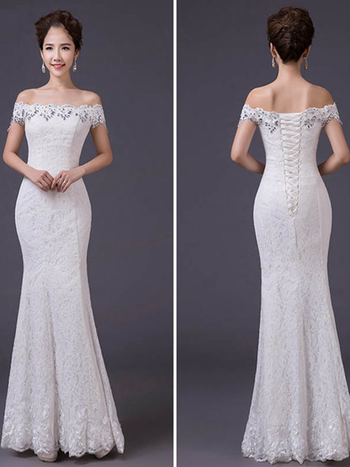 Mermaid Off Shoulder Lace White Evening Dress Beads