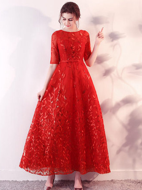 A-line Scoop Tulle Sleeves Red Evening Wear Applique