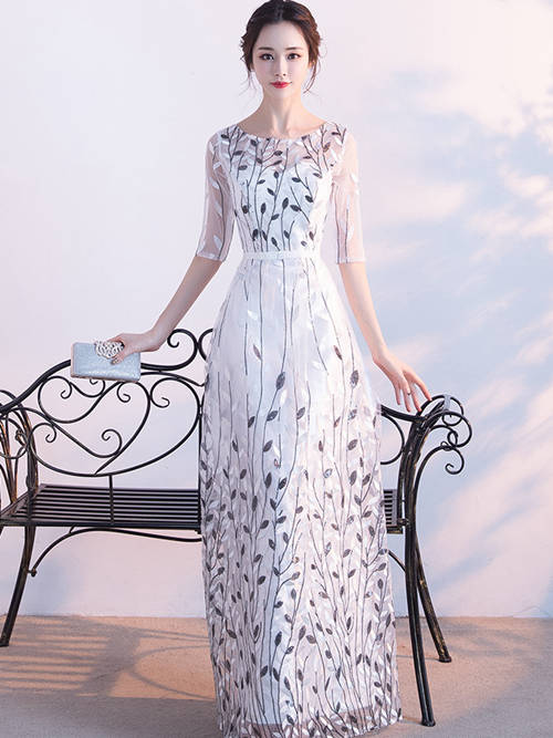 A-line Scoop Tulle Sleeves White Evening Wear Applique