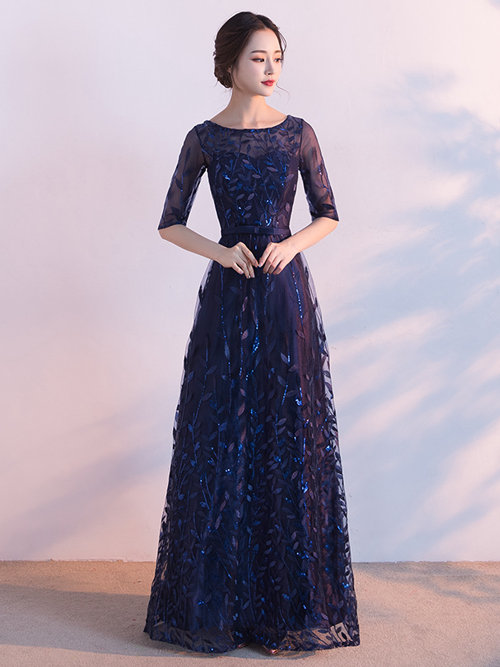 A-line Scoop Tulle Sleeves Navy Formal Wear Applique