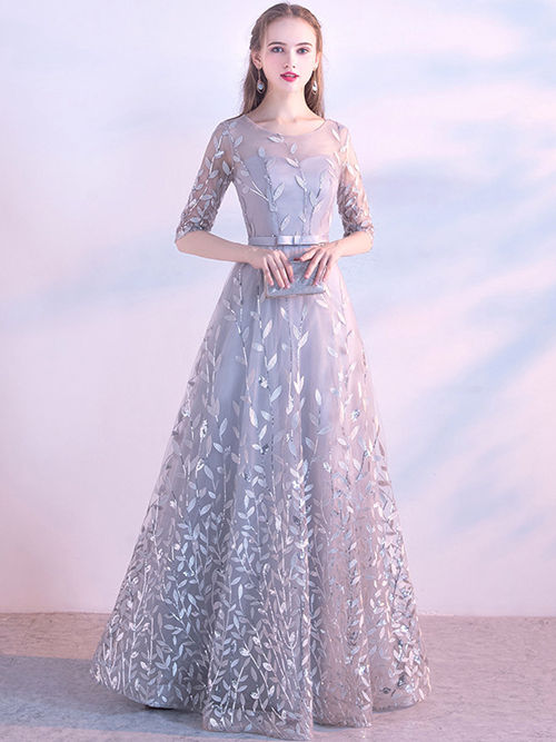 A-line Scoop Tulle Sleeves Formal Dress Applique