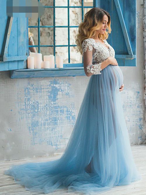 A-line V Neck Lace Sleeves Tulle Maternity Evening Gown