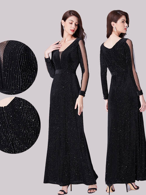 A-line Straps Sequins Sleeves Black Evening Dress