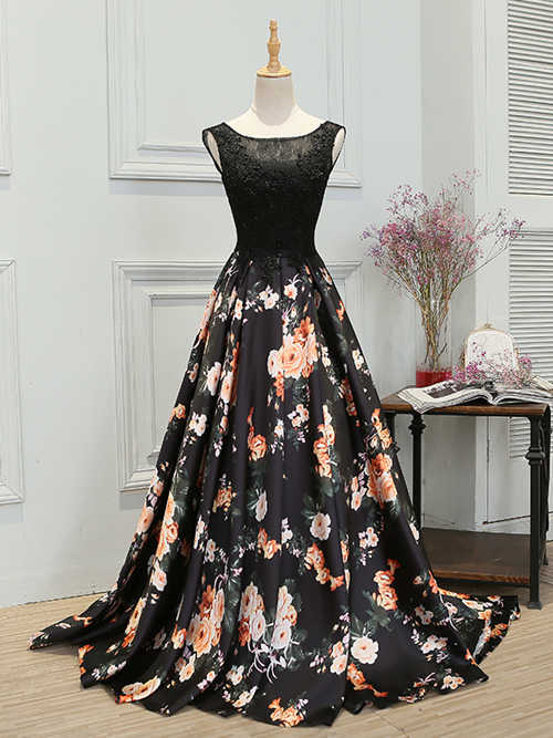 A-line Bateau Lace Satin Floral Evening Gown