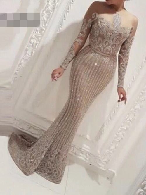 Mermaid Off Shoulder Sequins Sleeves Evening Dress