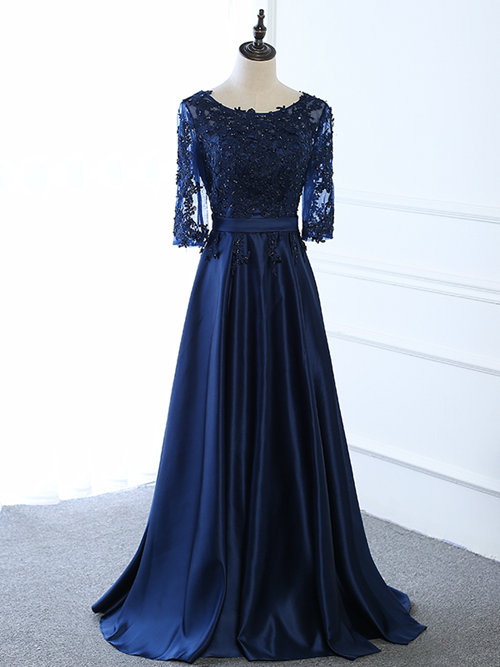 A-line Scoop Lace Satin Evening Gown