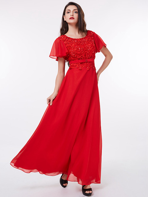 A-line Scoop Chiffon Lace Red Evening Dress