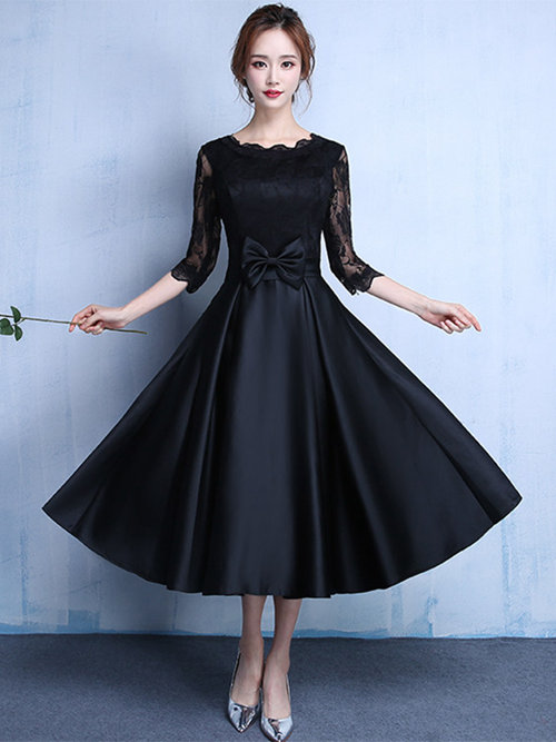 A-line Scoop Lace Sleeves Satin Cockatil Dress Bowknot