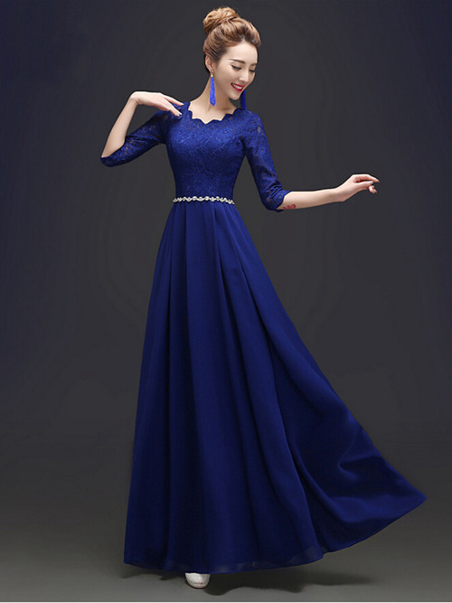 A-line Scoop Chiffon Lace Sleeves Evening Dress Beads