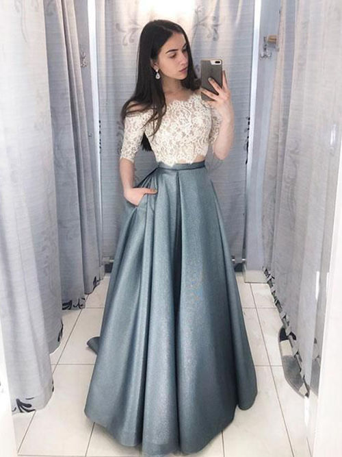 A-line Off Shoulder Lace Sleeves Satin Evening Wear