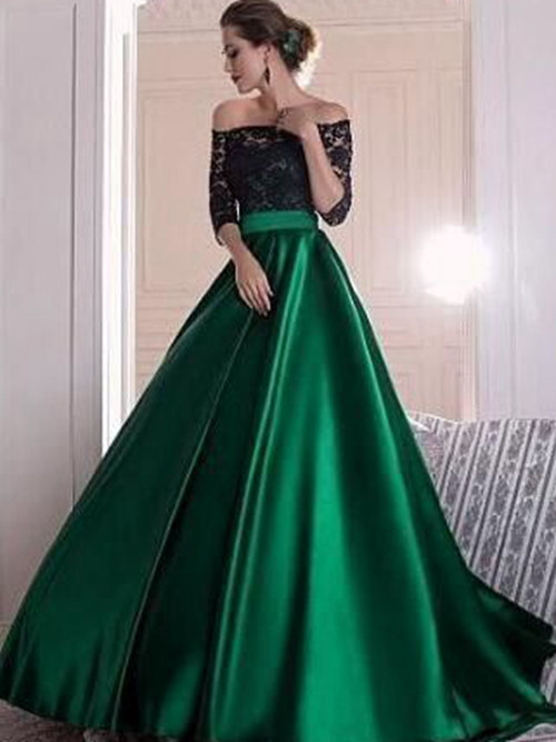 A-line Off Shoulder Lace Sleeves Satin Formal Gown