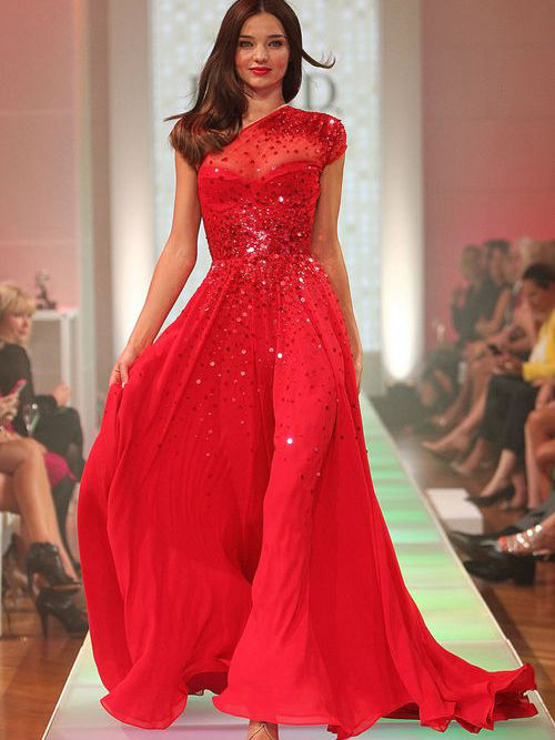 A-line One Shoulder Chiffon Red Evening Dress Beads