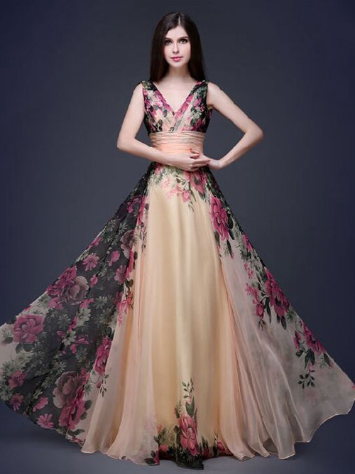 A-line V Neck Chiffon Floral Formal Dress