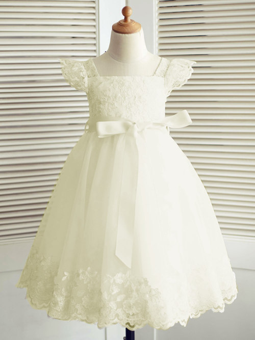 Priness Square Lace Tulle Flower Girl Dress