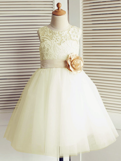 Princess Jewel Lace Tulle Flower Girl Dress Bowknot