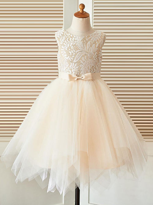 Ball Gown Scoop Tulle Lace Dress Bowknot