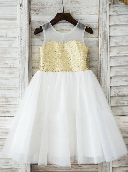 Princess Scoop Sequins Tulle Flower Girl Dress