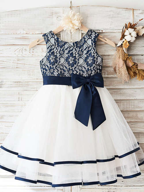 Princess Scoop Tulle Lace Flower Girl Dress Bowknot