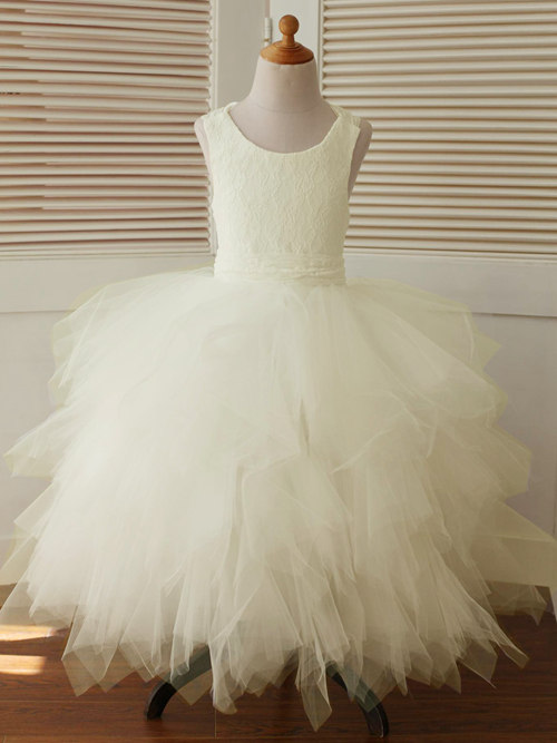 Ball Gown Scoop Tulle Lace Flower Girl Dress Ruffles