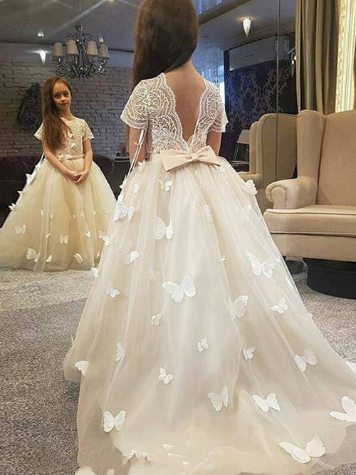 Ball Gown Tulle Lace Sleeves Flower Girl Dress Butterflies