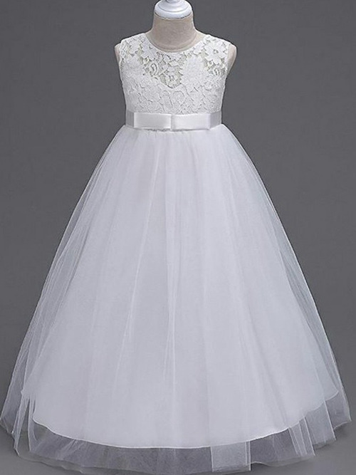 A-line Scoop Tulle Lace Satin Flower Girl Dress