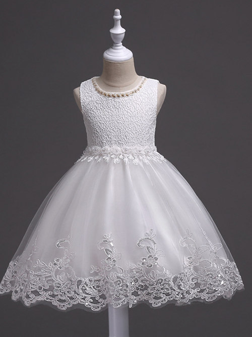 Ball Gown Scoop Tulle Lace Flower Girl Dress Pearls