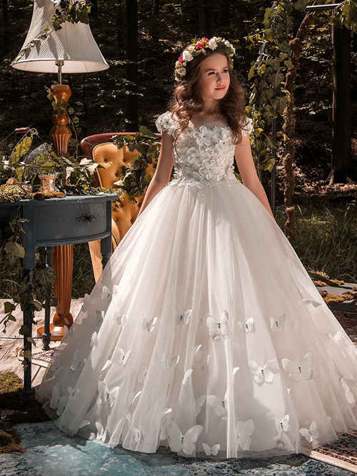 Ball Gown Bateau Tulle Flower Girl Dress Appliques