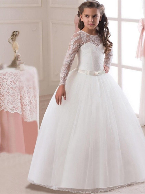 Ball Gown Scoop Lace Sleeves Tulle Dress