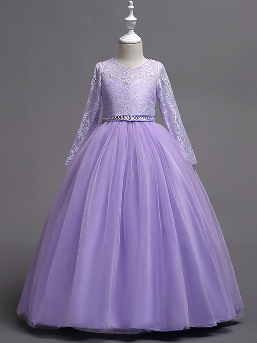 Ball Gown Jewel Lace Sleeves Tulle Flower Girl Dress