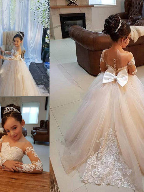 A-line Scoop Tulle Lace Sleeves Flower Girl Dress Bowknot