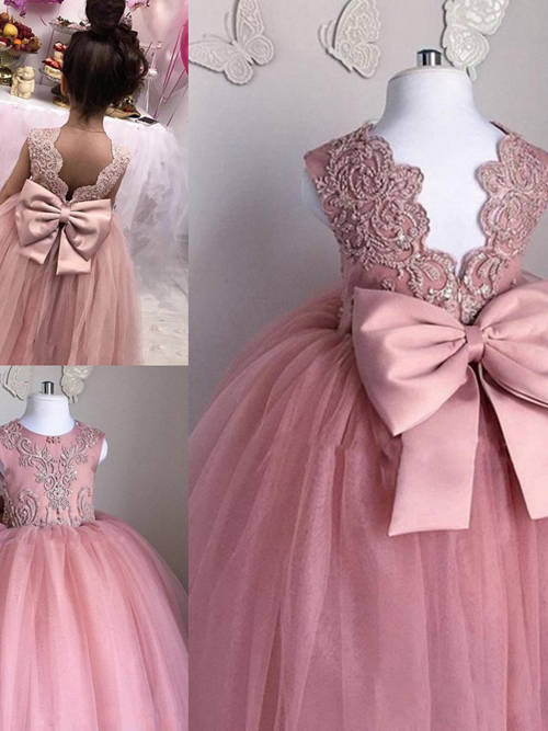 Ball Gown Jewel Tulle Infant Dress Bowknot Applique