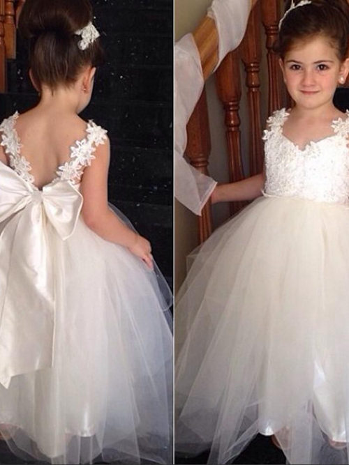 Ball Gown Straps Tulle Lace Flower Girl Dress Bowknot
