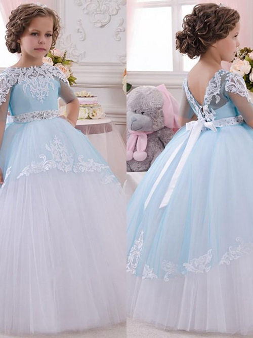 Ball Gown Tulle Sleeves Communion Dress Beads Lace