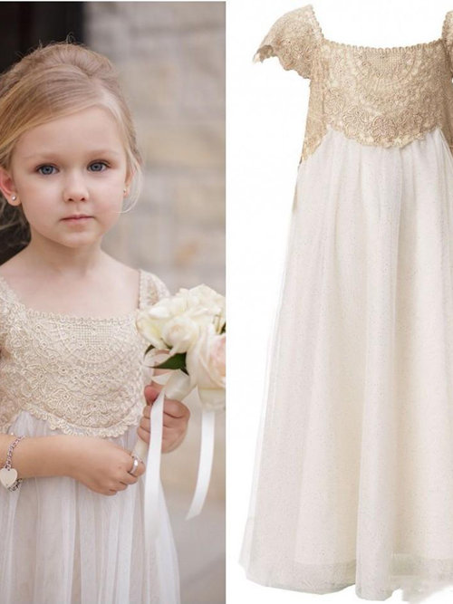 A-line Straps Tulle Lace Cap Sleeves Flower Girl Dress