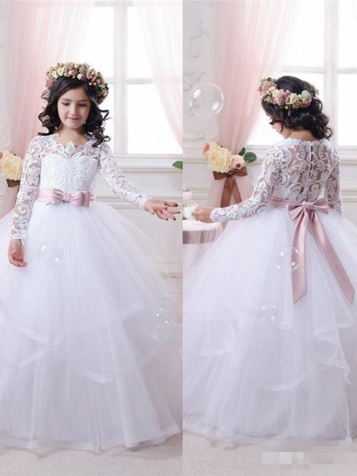 Ball Gown Scoop Organza Lace Sleeves Dress Bowknot
