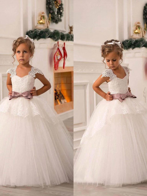Ball Gown Straps Lace Tulle Flower Girl Dress Bowknot