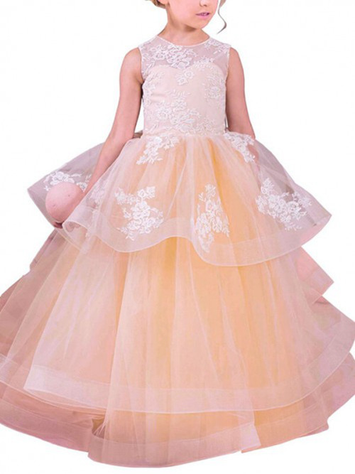 A-line Jewel Organza Flower Girl Dress Appliques