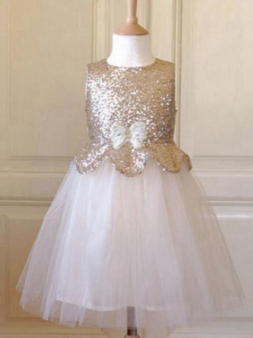 Ball Gown Jewel Floor Length Organza Sequins Flower Girl Dress