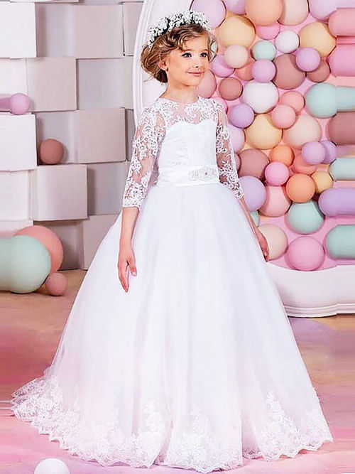 Princess Jewel Lace Sleeves Tulle Flower Girl Dress