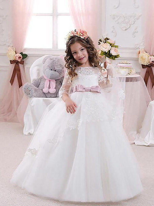 A-line Sheer Lace Sleeves Tulle Flower Girl Dress Bowknot