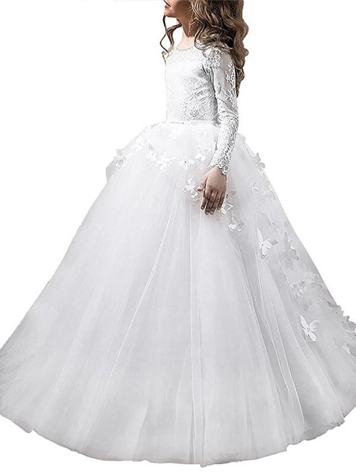 A-line Scoop Tulle Lace Sleeves Flower Girl Dress