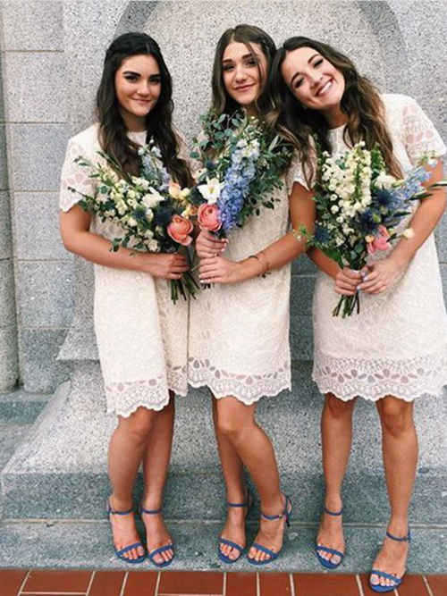 Sheath Jewel Knee Length Lace Junior Bridesmaid Dress