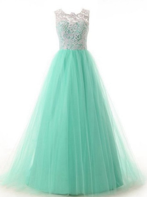 A-line Scoop Floor Length Tulle Lace Junior Bridesmaid Dress