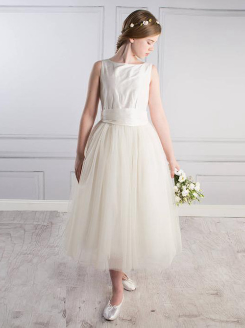 A-line Bateau Satin Tulle Junior Bridesmaid Dress