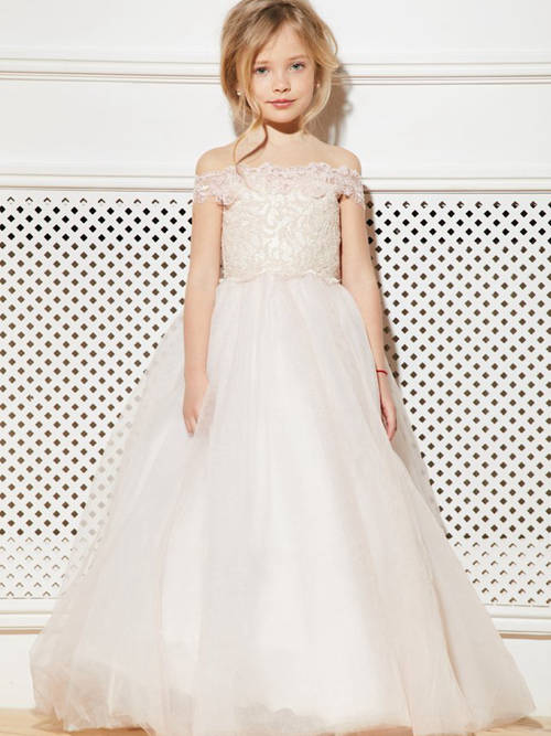 A-line Off Shoulder Lace Tulle Junior Bridesmaid Dress