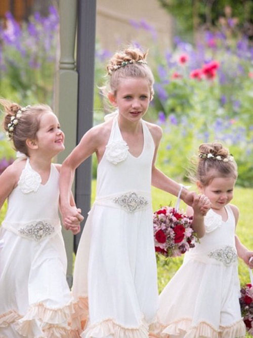 A-line Halter Chiffon Junior Bridemaid Gowns Frills Beads