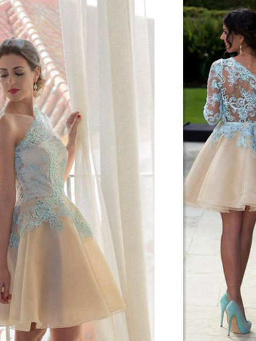 A-line One Shoulder Short Organza Lace Prom Dress