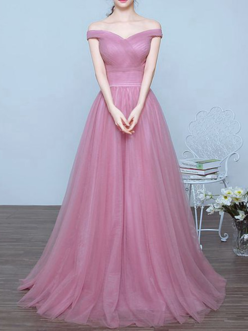 A-line Off Shoulder Sweep Train Tulle Matric Dress