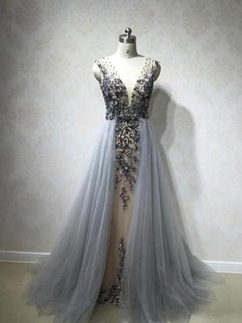 A-line V Neck Sweep Train Tulle Matric Farewell Dress